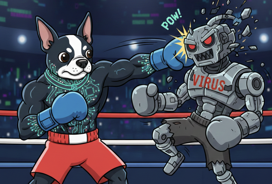 CyberCritters mascot landing a punch on a virus robot in a boxing ring